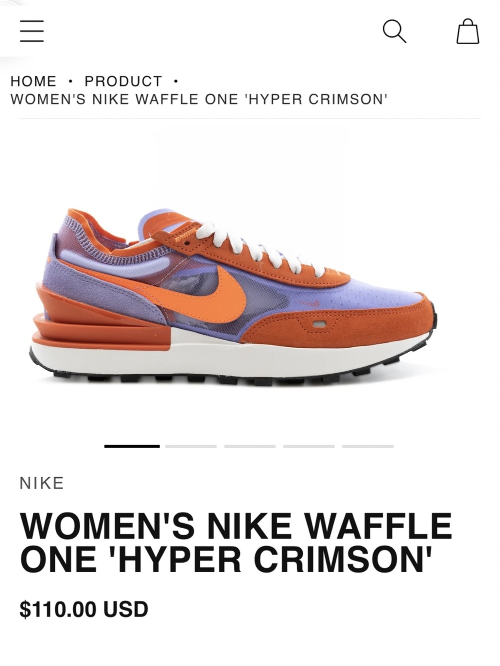 Nike‎ Waffle One Womens Sneakers Sz 7 Team Orange/Hyper Crimson DC2533-800 New!